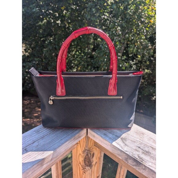 Monsac Designer Handbag Evening Red Leather Bamboo Strap Black Nylon Vintage - Picture 6 of 8